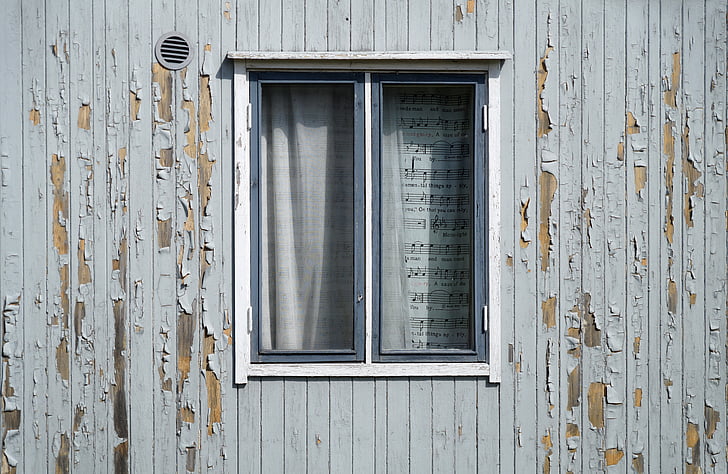 finestra, exfoliació, pintura, la façana de la, antiga casa, paret, reparació