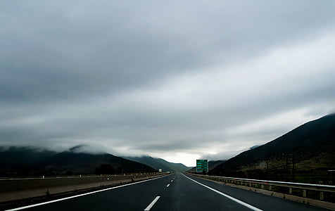 asphalt, dark, fog, highway, landscape, long, mountain