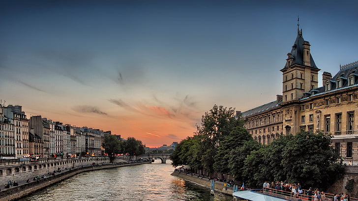 rivier de Seine, zonsondergang, Parijs, schemering, gebouwen, stadsgezicht, het platform