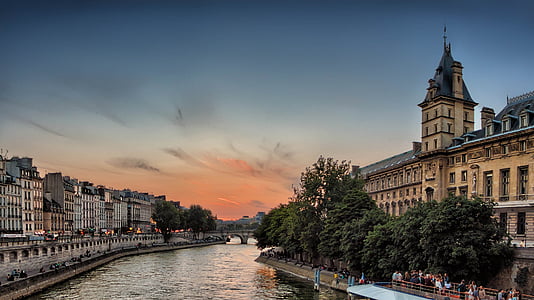 Râul Sena, apus de soare, Paris, amurg, clădiri, peisajul urban, arhitectura