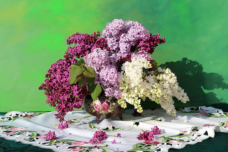 lilac bouquet, flower vase, purple, blossom, bloom, lilac, ornamental shrub