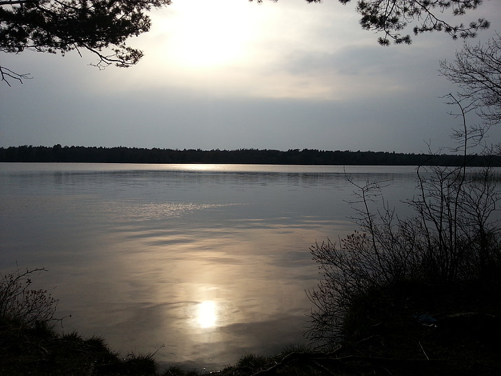Jezioro, horyzont, zachód słońca, dublowanie, wody