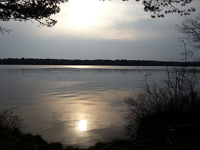 sjön, Horisont, solnedgång, spegling, vatten