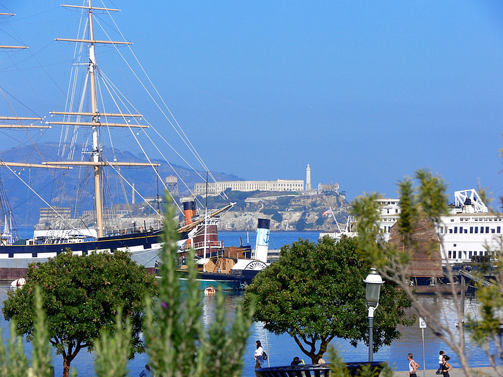 Alcatraz, bay, San francisco, con tàu, nhà tù đảo, Bến cảng, tàu hàng hải