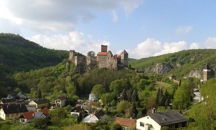 Castelo, relaxamento, céu, montanhas, medieval, vila, floresta