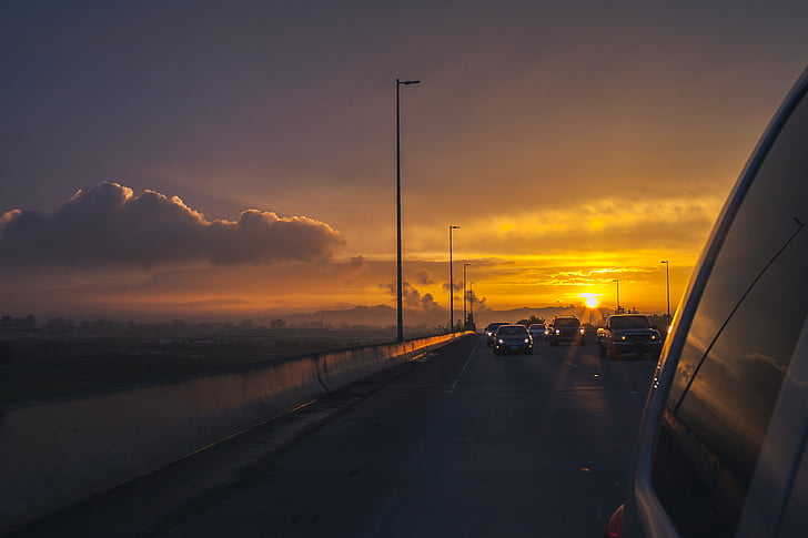 coucher de soleil, nuages, Sky, autoroute, route, voiture, véhicule