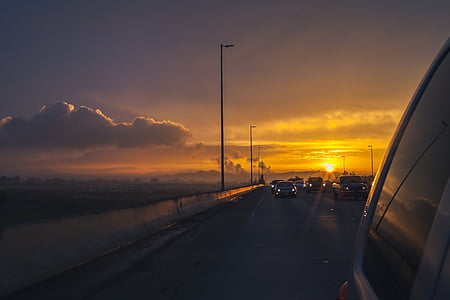 zonsondergang, wolken, hemel, snelweg, weg, auto, voertuig
