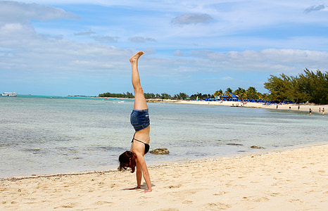 plaža, Bahami, handstand, more, oceana, pijesak, odmor