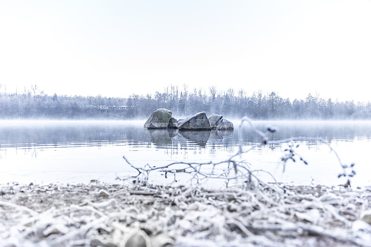Jezioro, kamienie, mróz, mgła, zimno, High-key:, lód