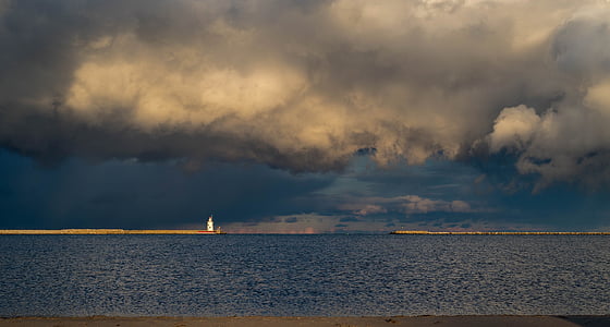 maják, krajina, Michiganské jezero, světlo, zataženo, mraky, voda