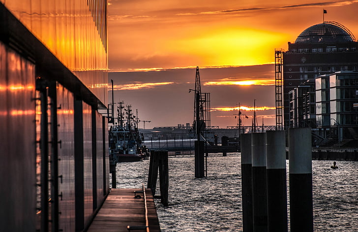 Hamburg, hamn, Hamburgs hamn, Twilight, solnedgång