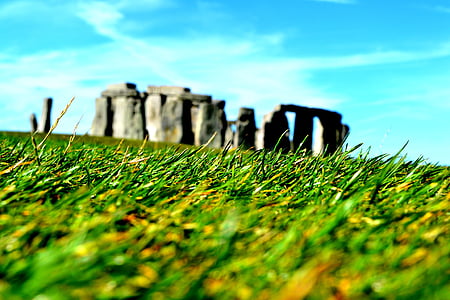Stonehenge, Anglie, sochařství, kameny, pohled, tráva, krajina