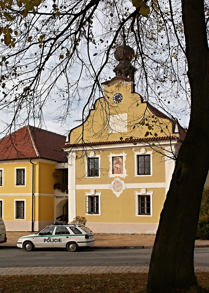 borovany, town hall, auto, police, police cars, architecture, house