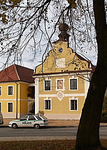 borovany, town hall, auto, police, police cars, architecture, house