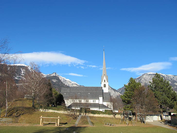 church, bonaduz, blue, playground, sunshine, church tower