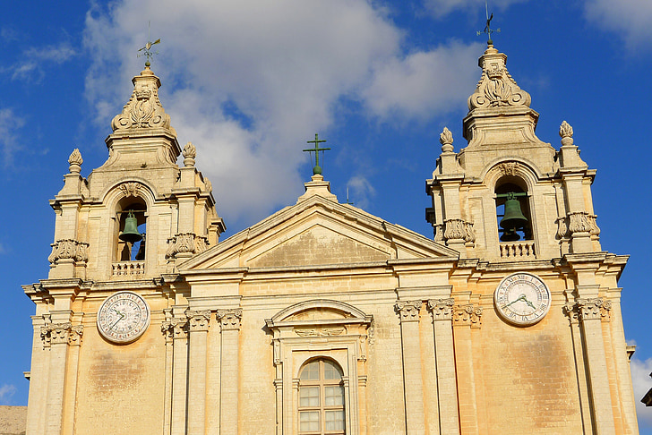 church, steeple, christianity, clock, religion, cathedral, malta