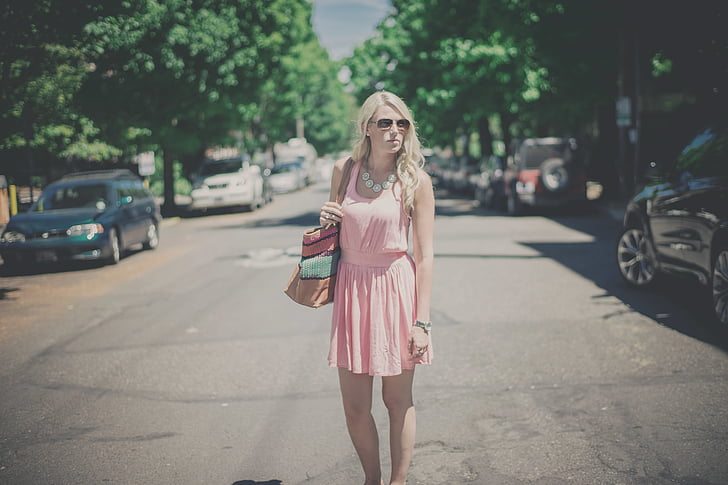woman, pink, dress, standing, middle, road, girl