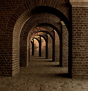 arches, architecture, bricks, building, corridor, hallway