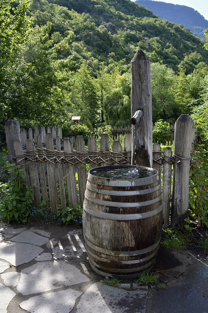 fountain, wooden barrels, garden, water tank, decoration, container, water