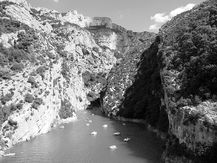 canyon, canoe, black white, river, mountains