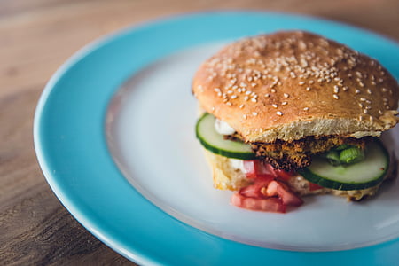 food, burger, plate, wooden, table, cucumber, egg