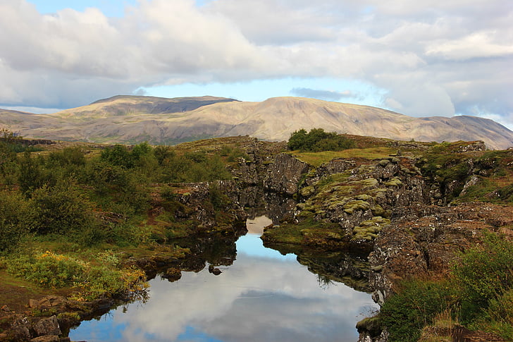Izland, Thingvellir, táj, Þingvellir Nemzeti Park, folyó, hegyi patak, hegyek