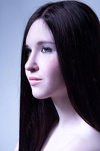 mystical portrait of a girl, eyes, black background, girl, hair, makeup, model
