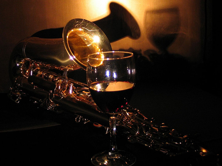 Sax, saksofon, muusika, vahendite, tume, pimedus, klaas