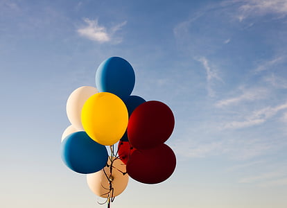 krāsains, gaisa balons, mākoņi, debesis, zila, gaisa, daudzkombināciju krāsainu