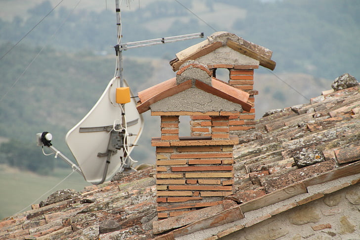 perapian, atap, cerobong asap, atap, rumah, batu bata, satelit hidangan