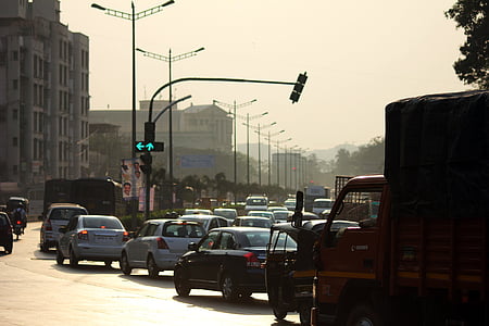 Mumbai, trafikk, signalet, biler, India, trafikkork, transport