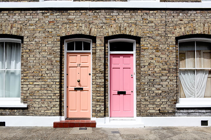 pastel, Oranje, roze, deuren, muren, stenen, bakstenen