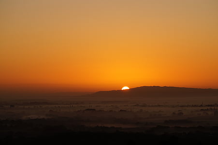 sunrise, morning, mist, sun, hills, orange, sky