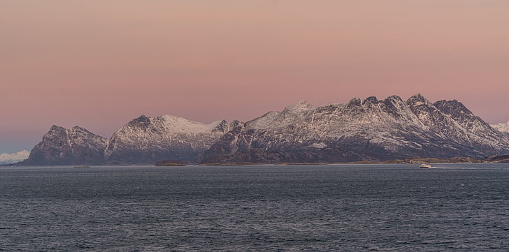 Costa de Noruega, posta de sol, fiord, neu, l'aigua, paisatge, Àrtic