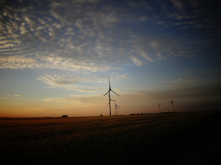 wolken, zonsondergang, windenergie, windturbine, huidige, elektriciteitsproductie, milieu