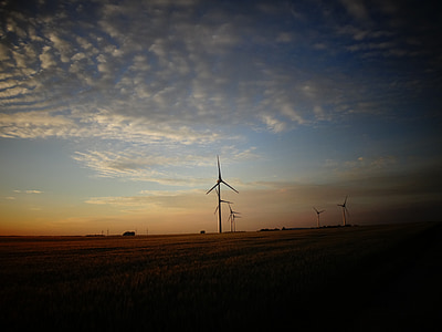 skyer, solnedgang, vindkraft, vindmølle, gjeldende, kraftproduksjon, miljø
