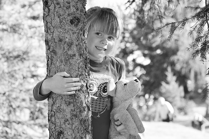 criança, menina, floresta, urso de pelúcia, natureza