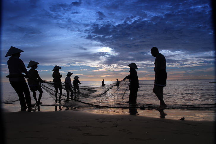 Fisher menn, hai hoa beach, Vietnam, stranden, soloppgang, hav, solen
