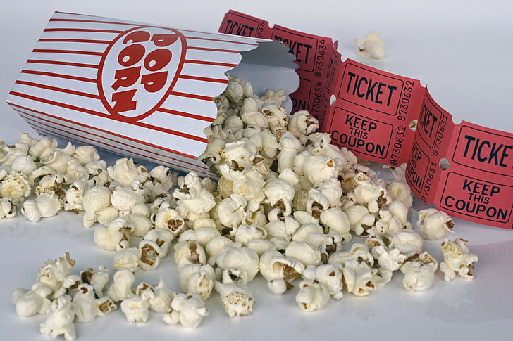 popcorn, biograf, billet, film, underholdning, mad, majs