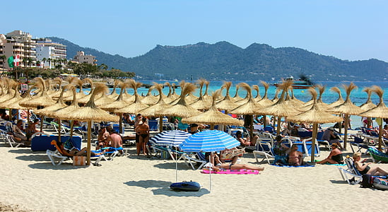 Pantai, Cala millor, Mallorca, Spanyol, Pulau, payung, liburan