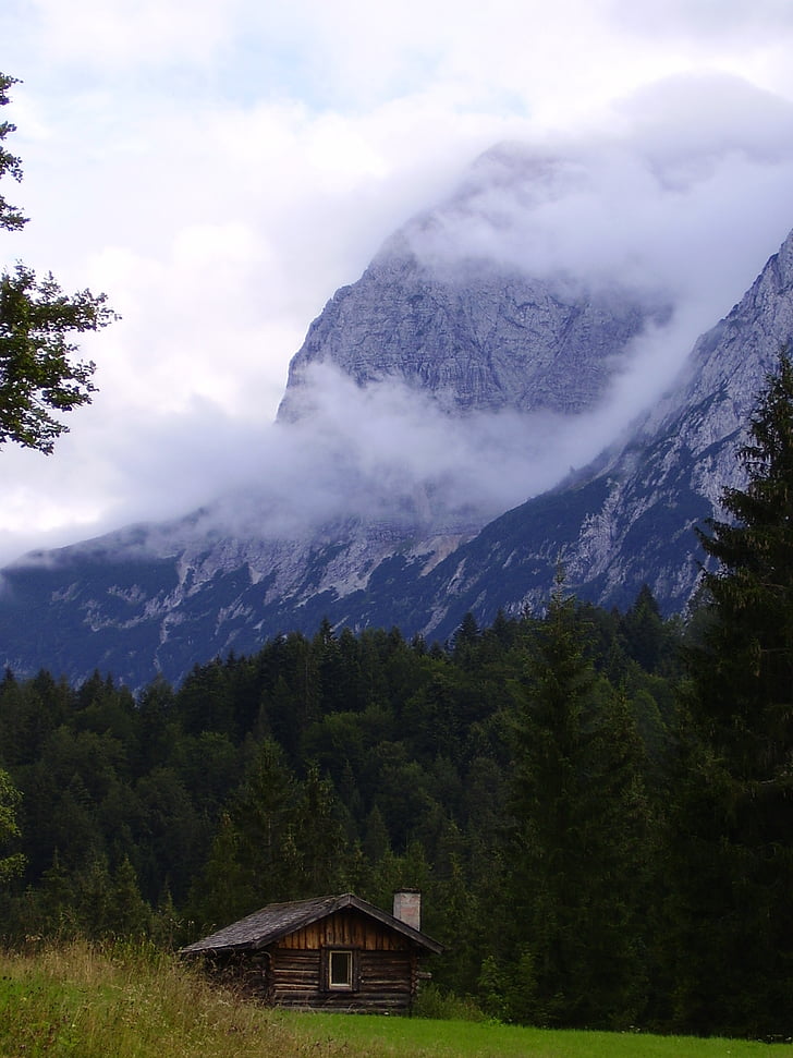 alpine, alps, mountains, refuge, shelter, clouds, elmau