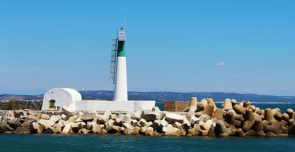 lighthouse, green lighthouse, sea, port, electric headlight, dam