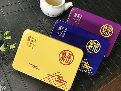 produkter, gul te, förpackning låda