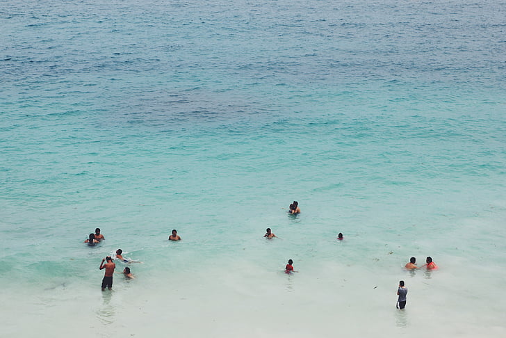 aerial, photo, people, swimming, beach, ocean, water