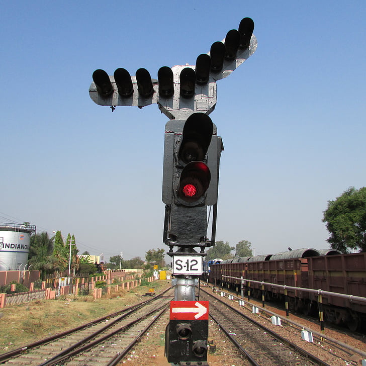 σήμα σιδηροδρόμων, Hospet, Ινδία, τρένο, παρακολουθείτε, μεταφορά, μεταφορές