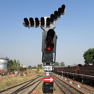 sinal de estrada de ferro, Hospet, Índia, Trem, faixa, transporte, transportes