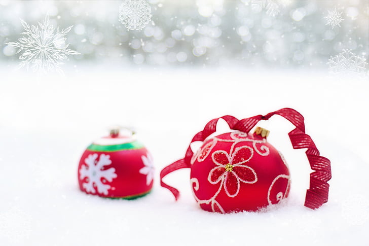 ornaments de Nadal, vermell, bombetes, boles, neu, l'hivern, Nadal