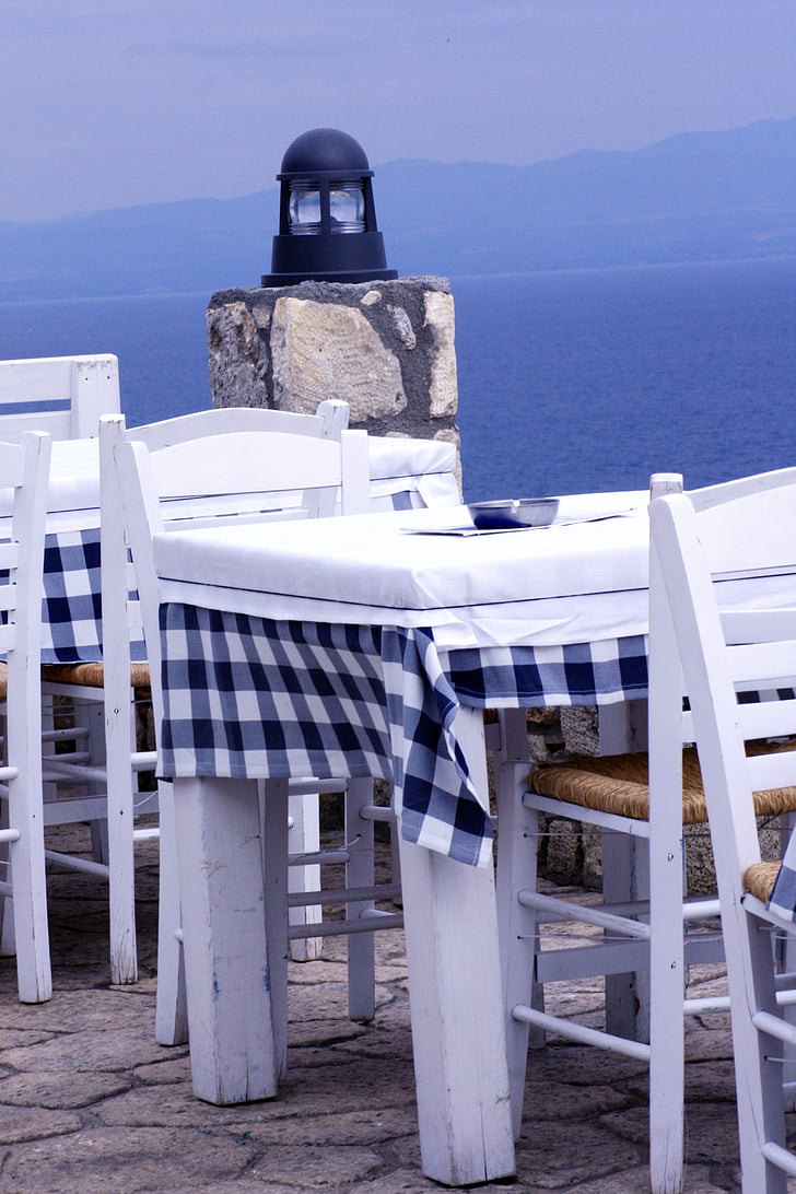 restaurant, eat, lunch, greece, blue, sea, holiday