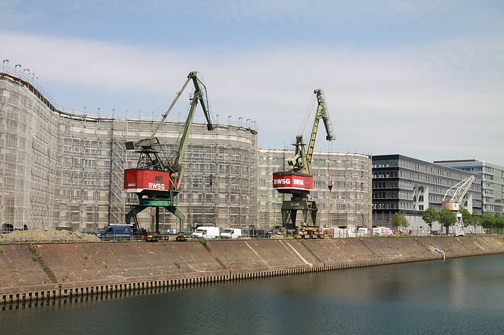 port, cranes, harbour cranes, duisburg, germany, riverside