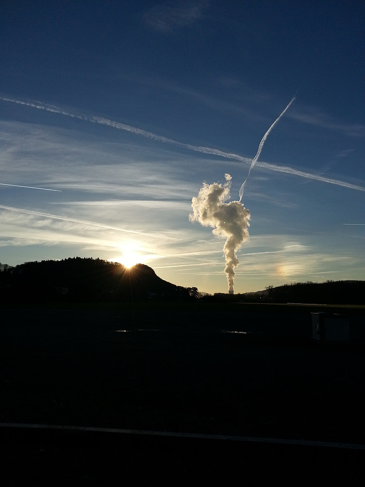 chimney, exhaust gases, pollution, clouds, water vapor, steam, sky